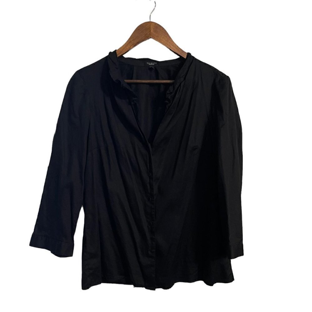 Talbots Womens Black Button Up Ruffle Collar Cotton 3/4 Sleeve Blouse Size 10